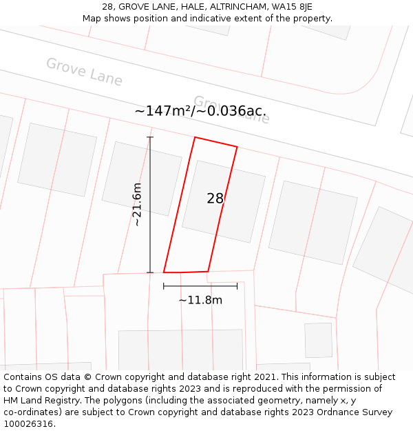 28, GROVE LANE, HALE, ALTRINCHAM, WA15 8JE: Plot and title map