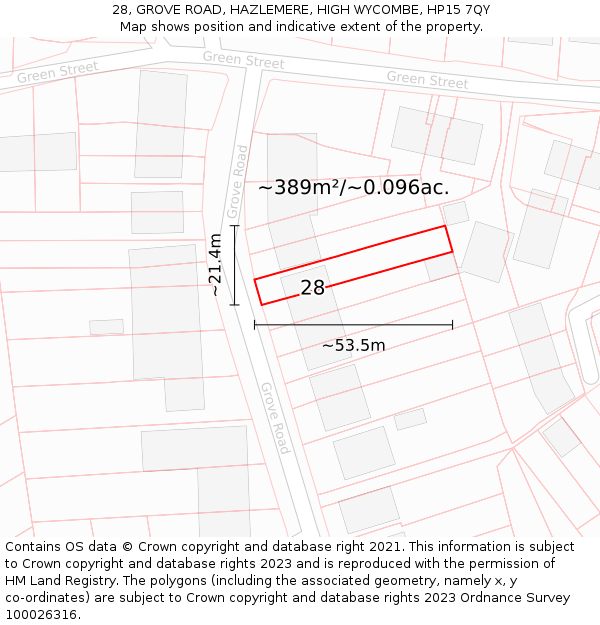 28, GROVE ROAD, HAZLEMERE, HIGH WYCOMBE, HP15 7QY: Plot and title map