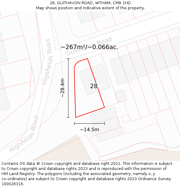 28, GUITHAVON ROAD, WITHAM, CM8 1HD: Plot and title map