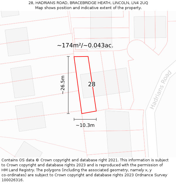 28, HADRIANS ROAD, BRACEBRIDGE HEATH, LINCOLN, LN4 2UQ: Plot and title map