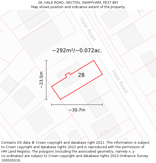 28, HALE ROAD, NECTON, SWAFFHAM, PE37 8EY: Plot and title map