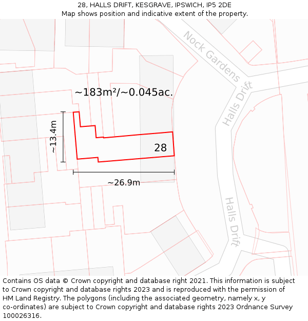 28, HALLS DRIFT, KESGRAVE, IPSWICH, IP5 2DE: Plot and title map