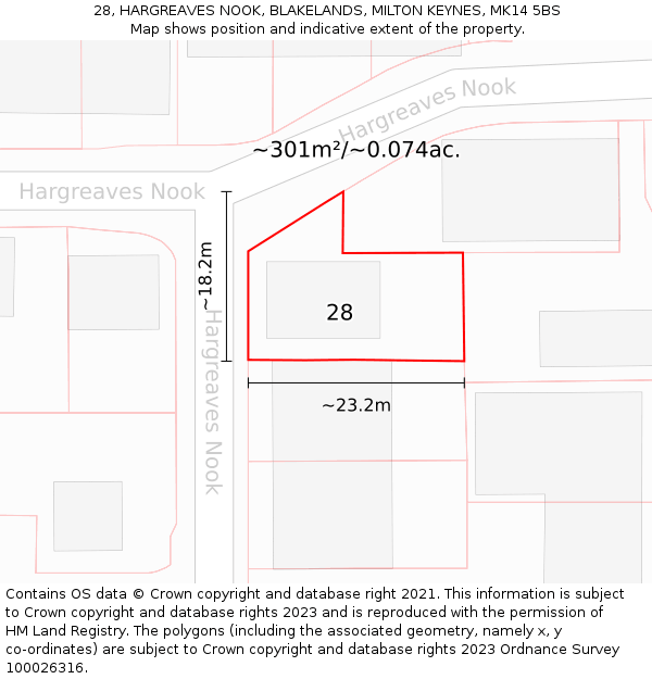 28, HARGREAVES NOOK, BLAKELANDS, MILTON KEYNES, MK14 5BS: Plot and title map