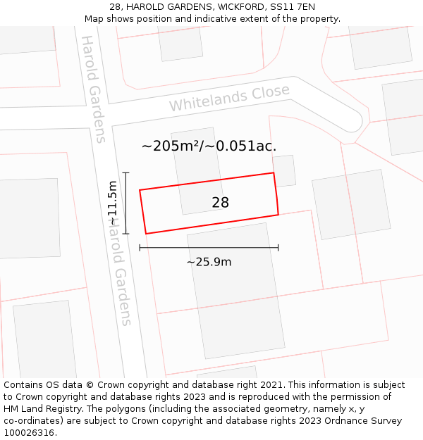 28, HAROLD GARDENS, WICKFORD, SS11 7EN: Plot and title map