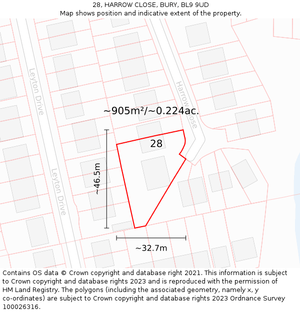 28, HARROW CLOSE, BURY, BL9 9UD: Plot and title map