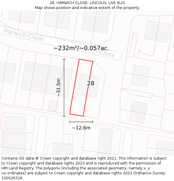 28, HARWICH CLOSE, LINCOLN, LN5 9UG: Plot and title map