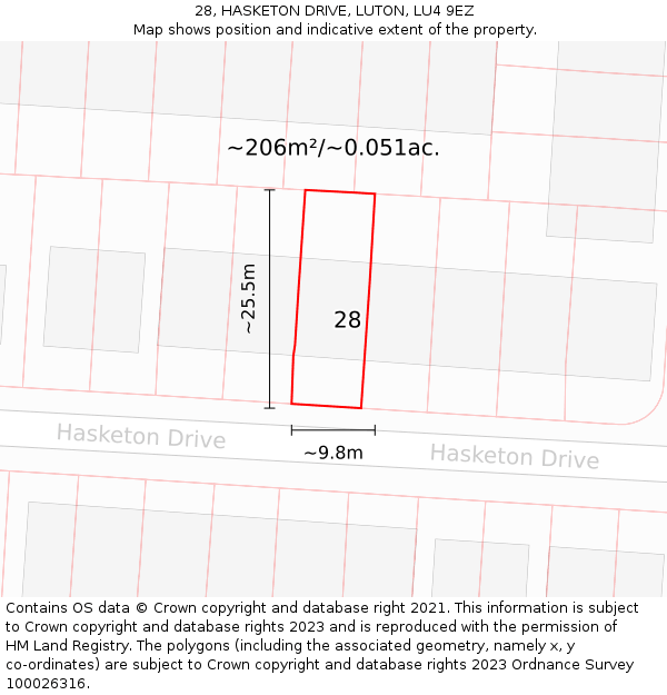 28, HASKETON DRIVE, LUTON, LU4 9EZ: Plot and title map