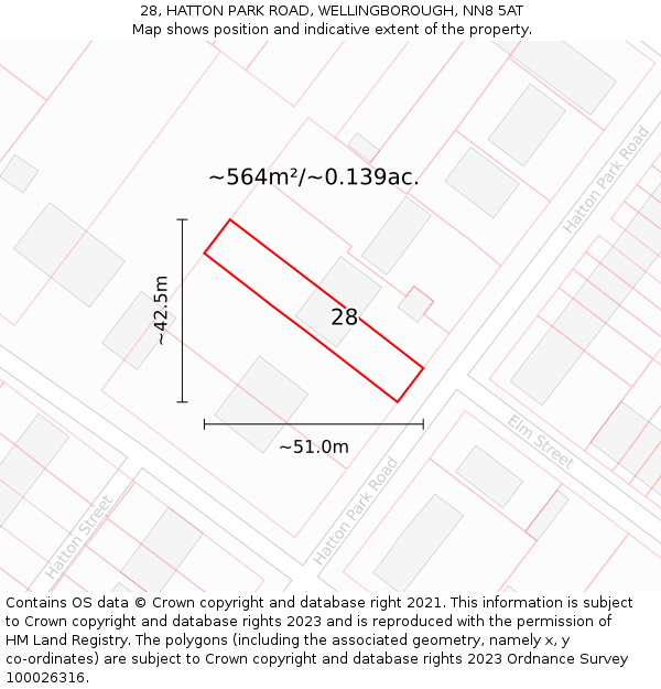 28, HATTON PARK ROAD, WELLINGBOROUGH, NN8 5AT: Plot and title map