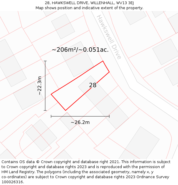 28, HAWKSWELL DRIVE, WILLENHALL, WV13 3EJ: Plot and title map