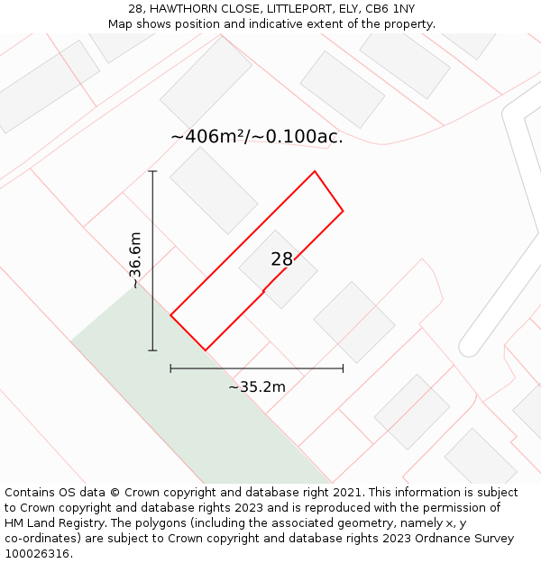 28, HAWTHORN CLOSE, LITTLEPORT, ELY, CB6 1NY: Plot and title map