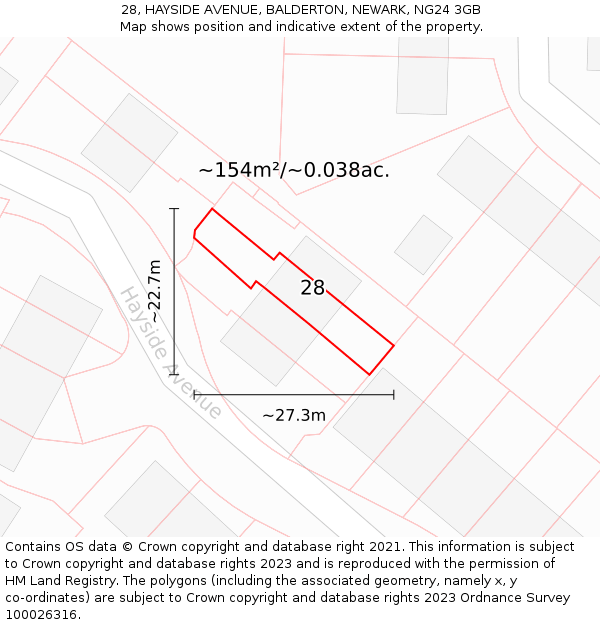 28, HAYSIDE AVENUE, BALDERTON, NEWARK, NG24 3GB: Plot and title map