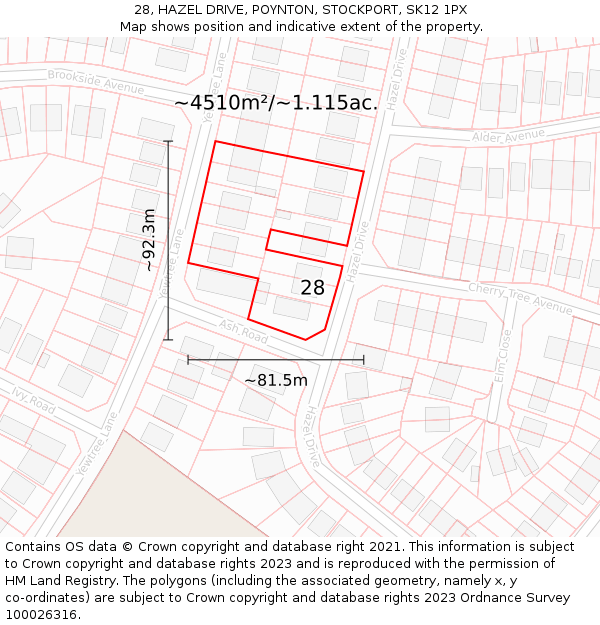 28, HAZEL DRIVE, POYNTON, STOCKPORT, SK12 1PX: Plot and title map