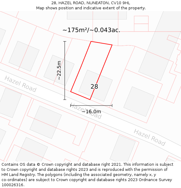 28, HAZEL ROAD, NUNEATON, CV10 9HL: Plot and title map