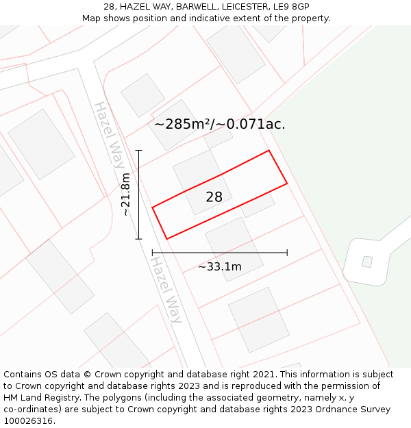 28, HAZEL WAY, BARWELL, LEICESTER, LE9 8GP: Plot and title map