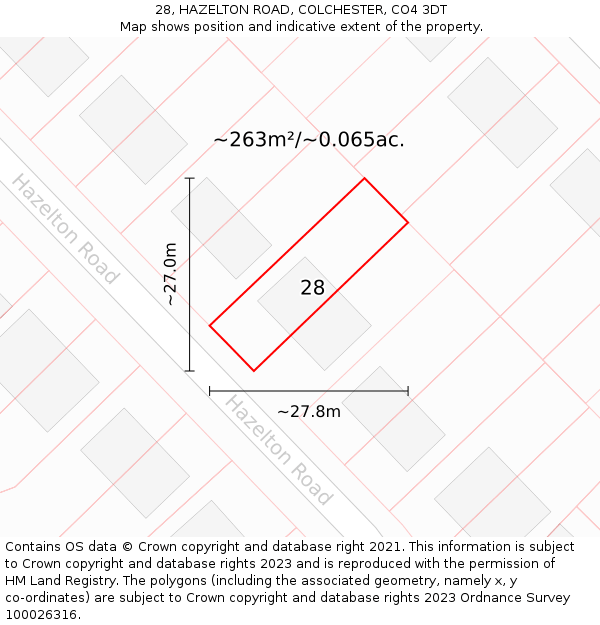 28, HAZELTON ROAD, COLCHESTER, CO4 3DT: Plot and title map