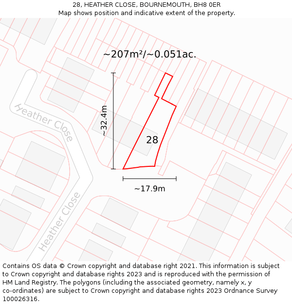 28, HEATHER CLOSE, BOURNEMOUTH, BH8 0ER: Plot and title map