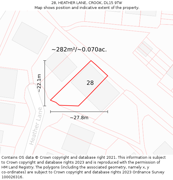 28, HEATHER LANE, CROOK, DL15 9TW: Plot and title map