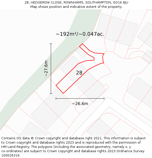 28, HEDGEROW CLOSE, ROWNHAMS, SOUTHAMPTON, SO16 8JU: Plot and title map