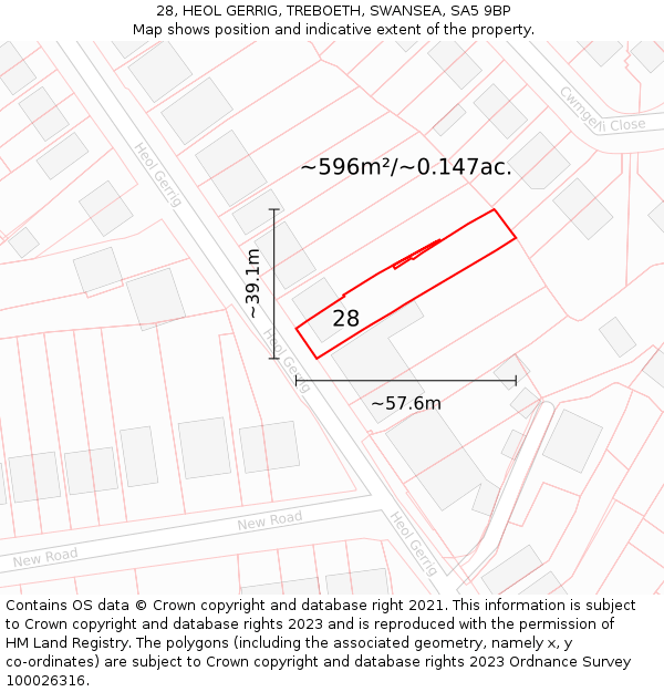 28, HEOL GERRIG, TREBOETH, SWANSEA, SA5 9BP: Plot and title map