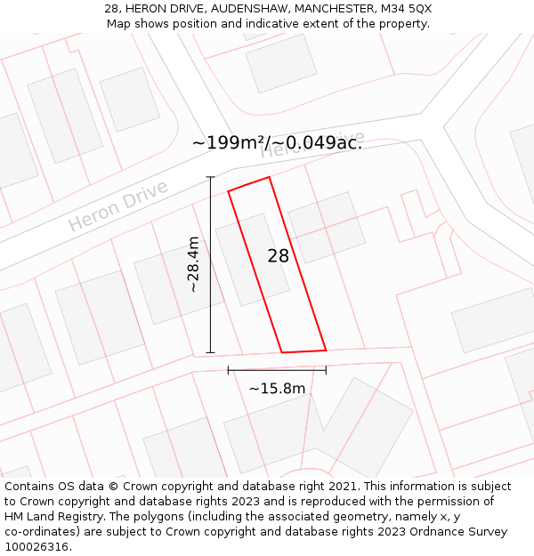 28, HERON DRIVE, AUDENSHAW, MANCHESTER, M34 5QX: Plot and title map