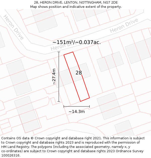 28, HERON DRIVE, LENTON, NOTTINGHAM, NG7 2DE: Plot and title map