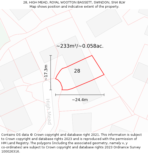 28, HIGH MEAD, ROYAL WOOTTON BASSETT, SWINDON, SN4 8LW: Plot and title map