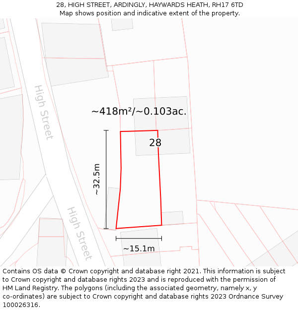 28, HIGH STREET, ARDINGLY, HAYWARDS HEATH, RH17 6TD: Plot and title map