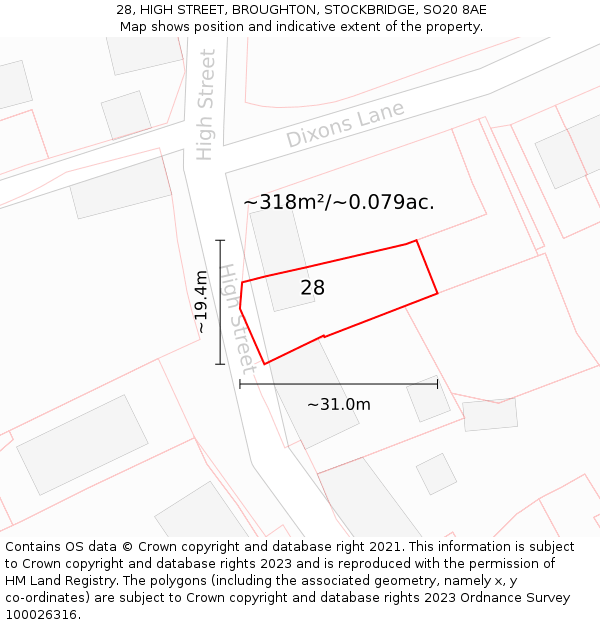 28, HIGH STREET, BROUGHTON, STOCKBRIDGE, SO20 8AE: Plot and title map