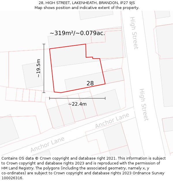 28, HIGH STREET, LAKENHEATH, BRANDON, IP27 9JS: Plot and title map