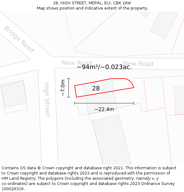 28, HIGH STREET, MEPAL, ELY, CB6 2AW: Plot and title map