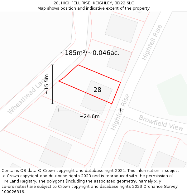 28, HIGHFELL RISE, KEIGHLEY, BD22 6LG: Plot and title map