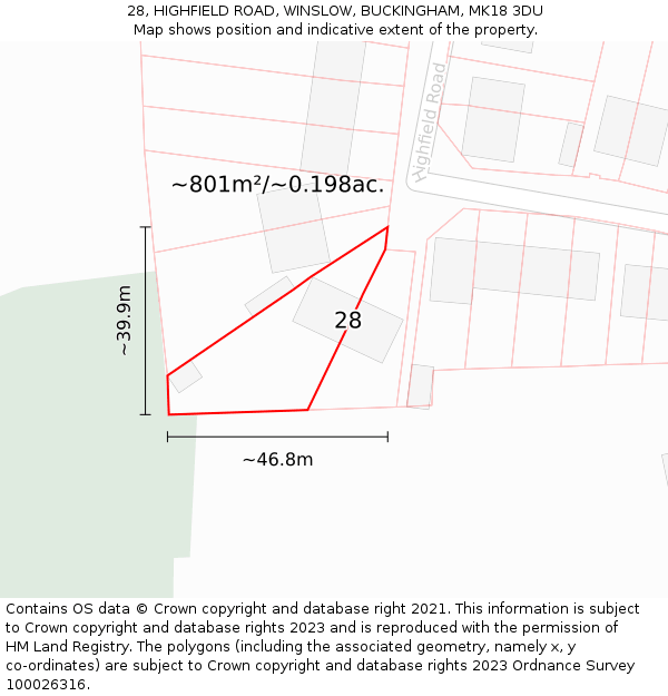 28, HIGHFIELD ROAD, WINSLOW, BUCKINGHAM, MK18 3DU: Plot and title map