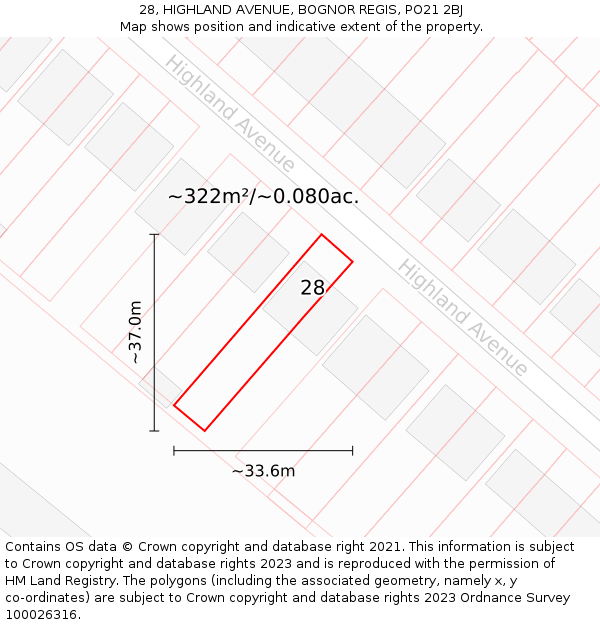 28, HIGHLAND AVENUE, BOGNOR REGIS, PO21 2BJ: Plot and title map