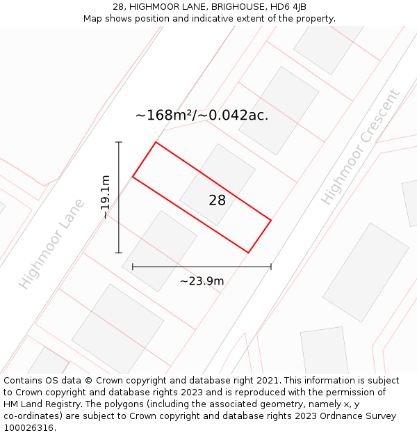 28, HIGHMOOR LANE, BRIGHOUSE, HD6 4JB: Plot and title map