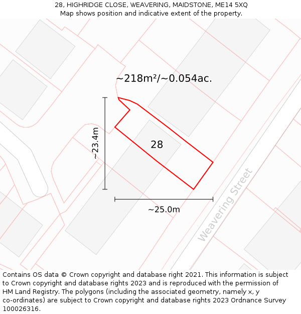 28, HIGHRIDGE CLOSE, WEAVERING, MAIDSTONE, ME14 5XQ: Plot and title map