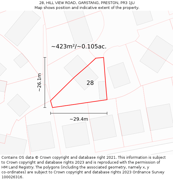 28, HILL VIEW ROAD, GARSTANG, PRESTON, PR3 1JU: Plot and title map