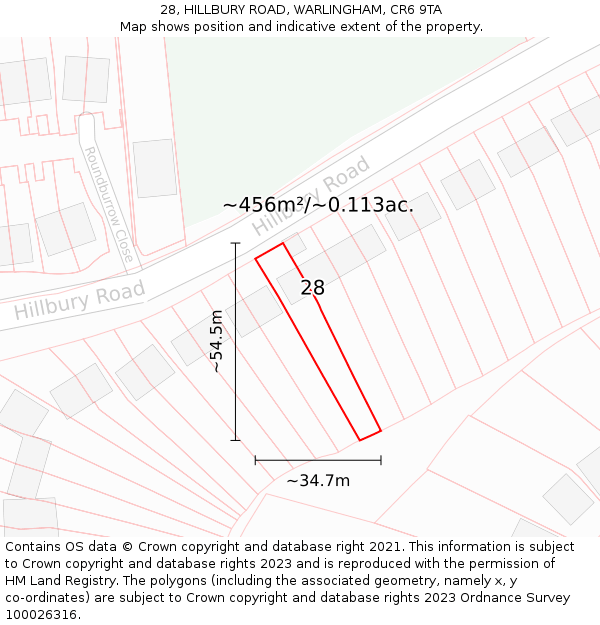 28, HILLBURY ROAD, WARLINGHAM, CR6 9TA: Plot and title map