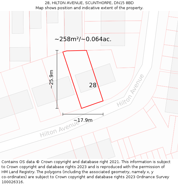 28, HILTON AVENUE, SCUNTHORPE, DN15 8BD: Plot and title map