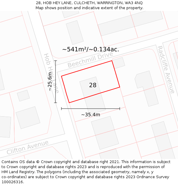 28, HOB HEY LANE, CULCHETH, WARRINGTON, WA3 4NQ: Plot and title map