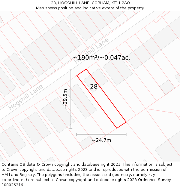 28, HOGSHILL LANE, COBHAM, KT11 2AQ: Plot and title map