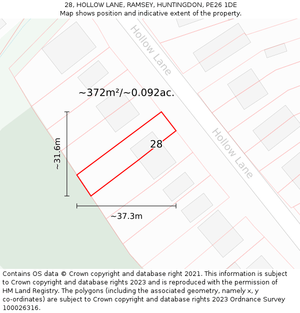 28, HOLLOW LANE, RAMSEY, HUNTINGDON, PE26 1DE: Plot and title map