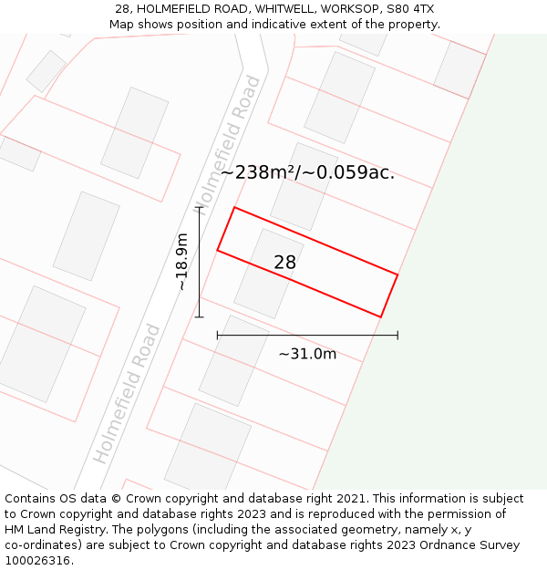 28, HOLMEFIELD ROAD, WHITWELL, WORKSOP, S80 4TX: Plot and title map