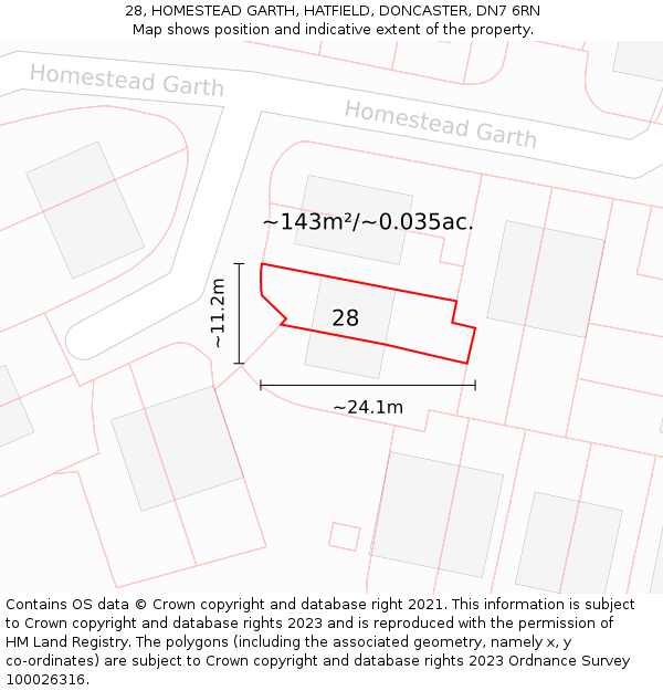 28, HOMESTEAD GARTH, HATFIELD, DONCASTER, DN7 6RN: Plot and title map