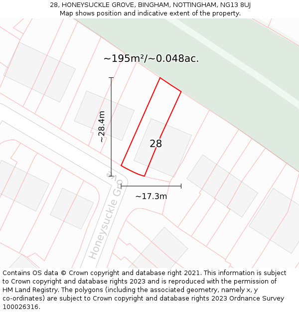 28, HONEYSUCKLE GROVE, BINGHAM, NOTTINGHAM, NG13 8UJ: Plot and title map