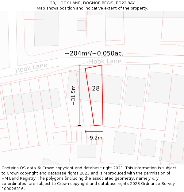 28, HOOK LANE, BOGNOR REGIS, PO22 8AY: Plot and title map