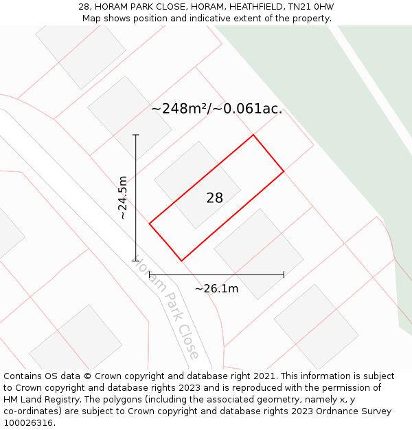 28, HORAM PARK CLOSE, HORAM, HEATHFIELD, TN21 0HW: Plot and title map