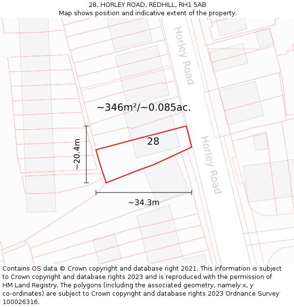 28, HORLEY ROAD, REDHILL, RH1 5AB: Plot and title map