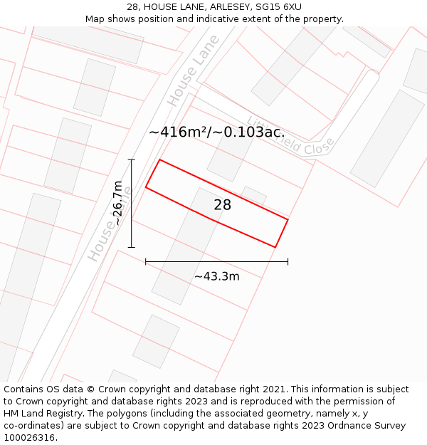 28, HOUSE LANE, ARLESEY, SG15 6XU: Plot and title map