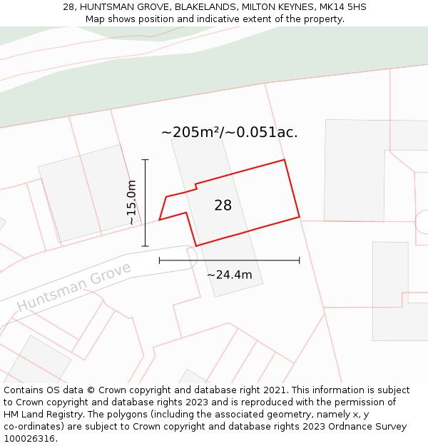 28, HUNTSMAN GROVE, BLAKELANDS, MILTON KEYNES, MK14 5HS: Plot and title map