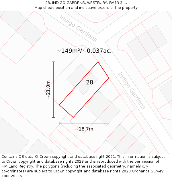 28, INDIGO GARDENS, WESTBURY, BA13 3LU: Plot and title map